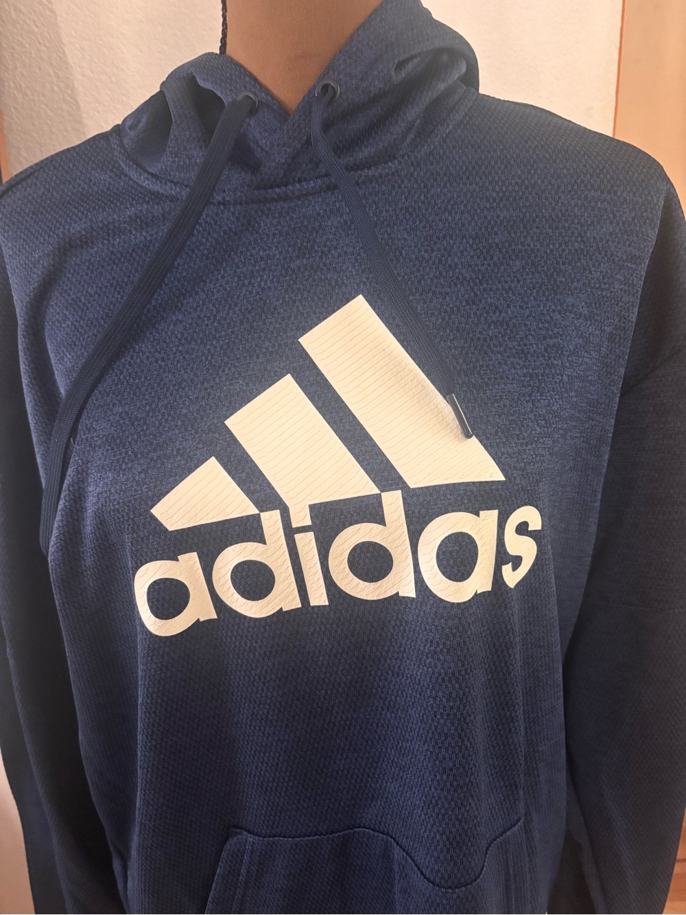 adidas Navy Blue Climawarm Hoodie with White Logo SZ L. - Picture 2 of 7